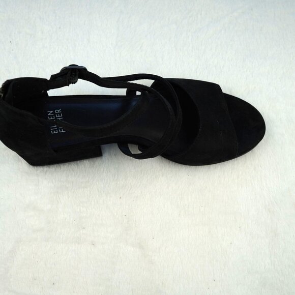 Eileen Fisher Kyra Black Suede Strappy Sandals 7.5 Leather Sole Block Heel Zip - Picture 6 of 11